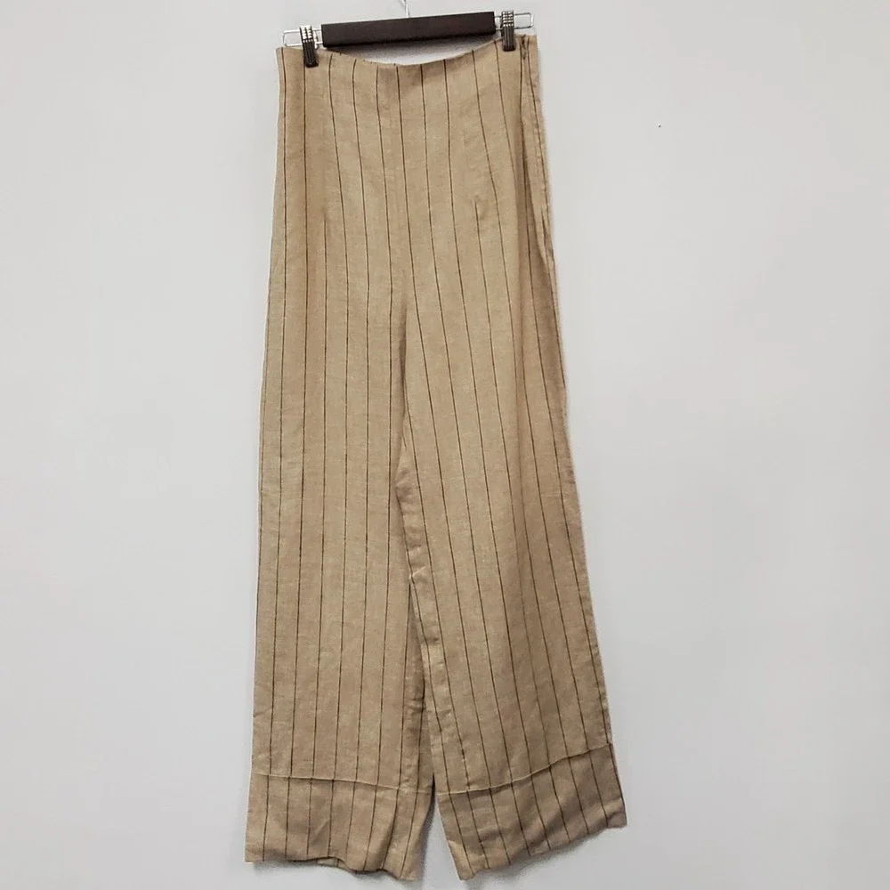 Zara Womens Linen Wide Leg Cuffed Pants Size S Academia High Rise Office Career